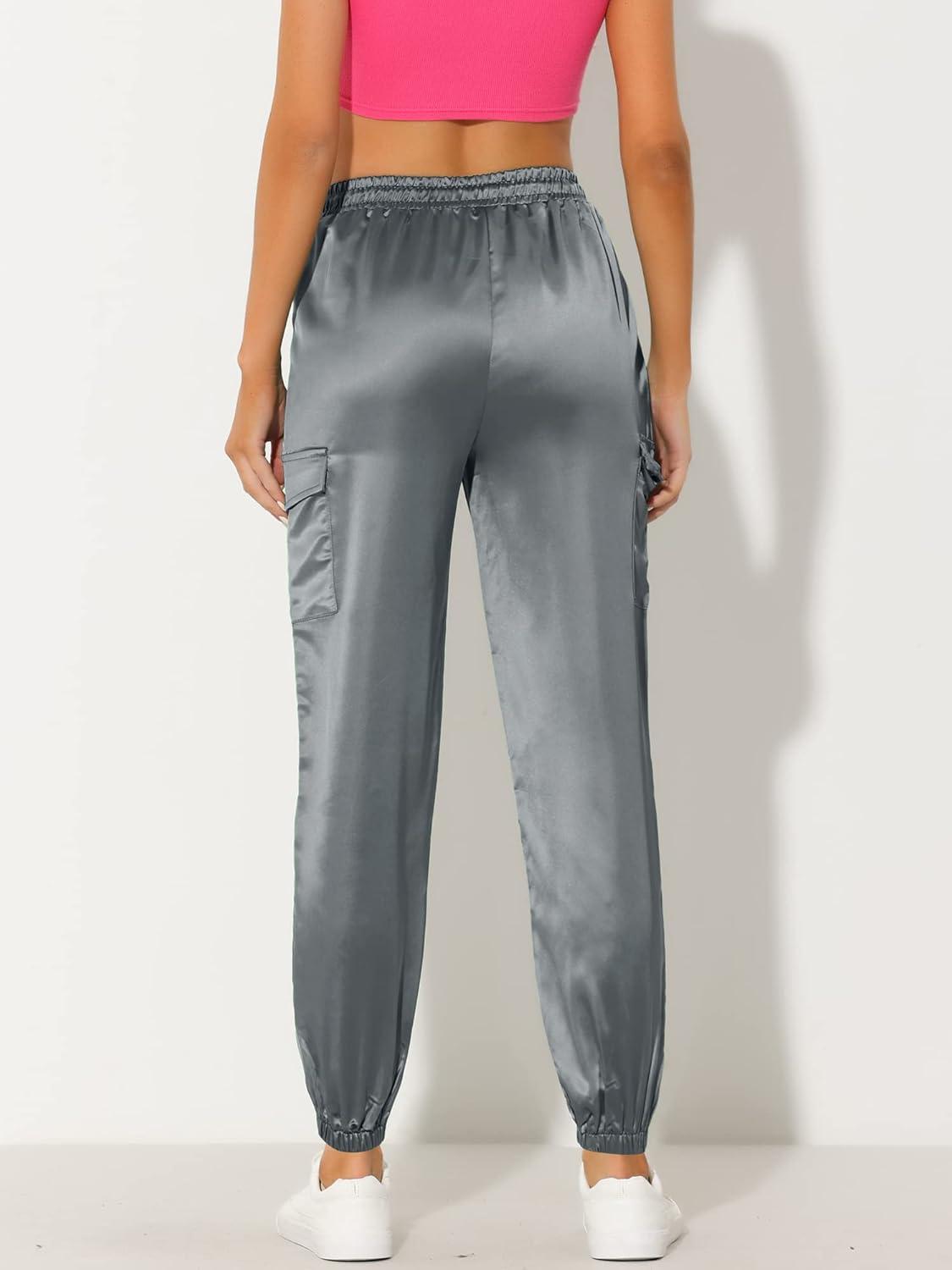 imageAllegra K Womens Satin Pants Tie Elastic High Waist Shiny Silky Dressy Satin Cargo JoggersGrey