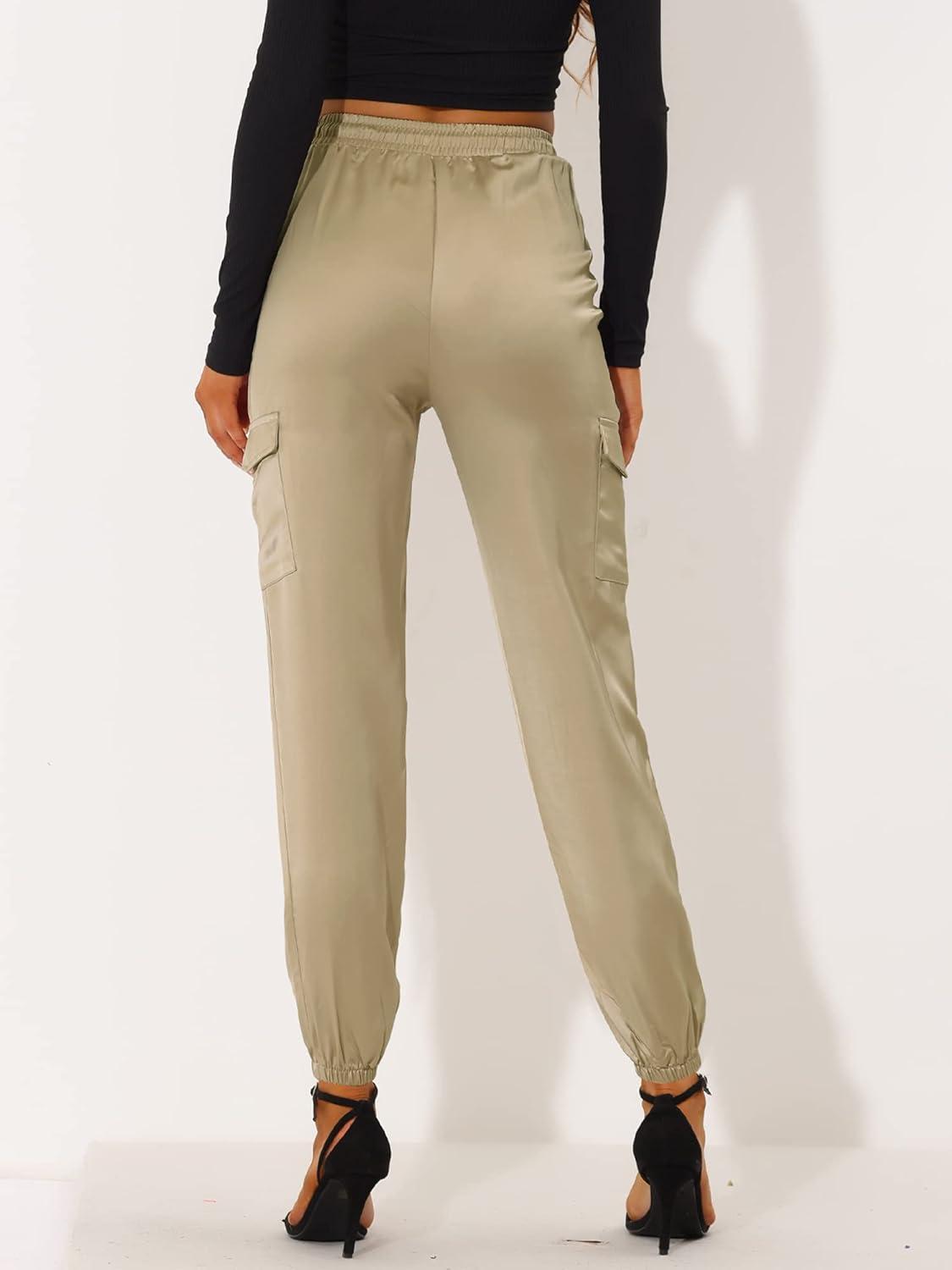 imageAllegra K Womens Satin Pants Tie Elastic High Waist Shiny Silky Dressy Satin Cargo JoggersKhaki