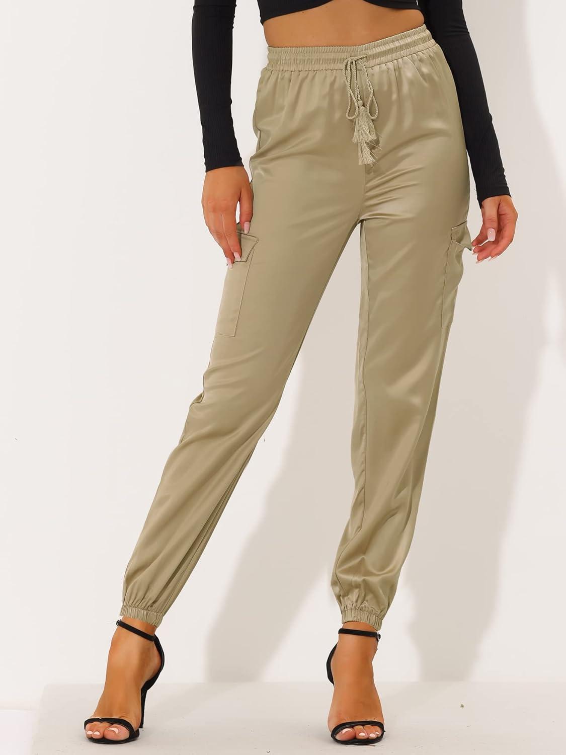 imageAllegra K Womens Satin Pants Tie Elastic High Waist Shiny Silky Dressy Satin Cargo JoggersKhaki
