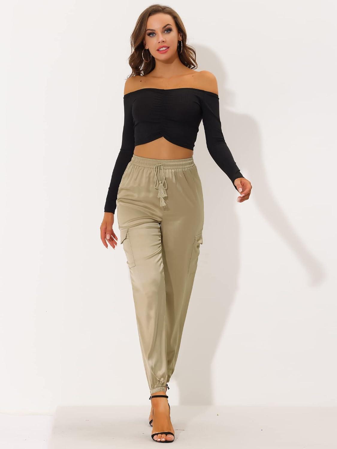 imageAllegra K Womens Satin Pants Tie Elastic High Waist Shiny Silky Dressy Satin Cargo JoggersKhaki