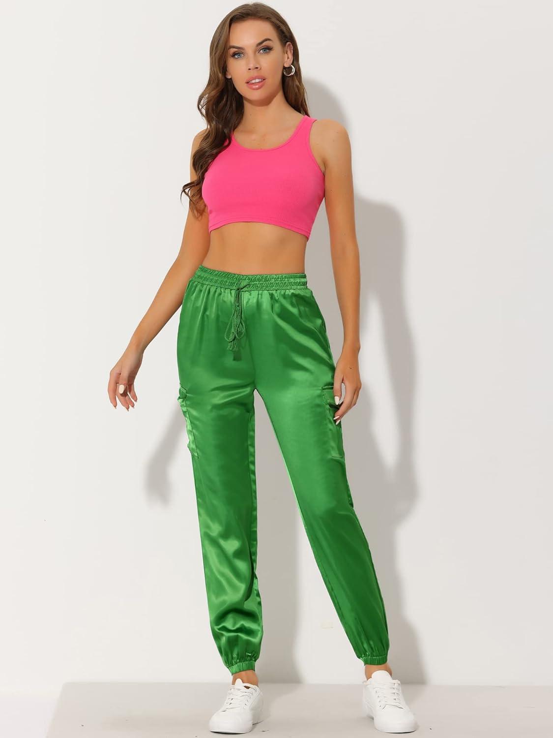 imageAllegra K Womens Satin Pants Tie Elastic High Waist Shiny Silky Dressy Satin Cargo JoggersLight Green