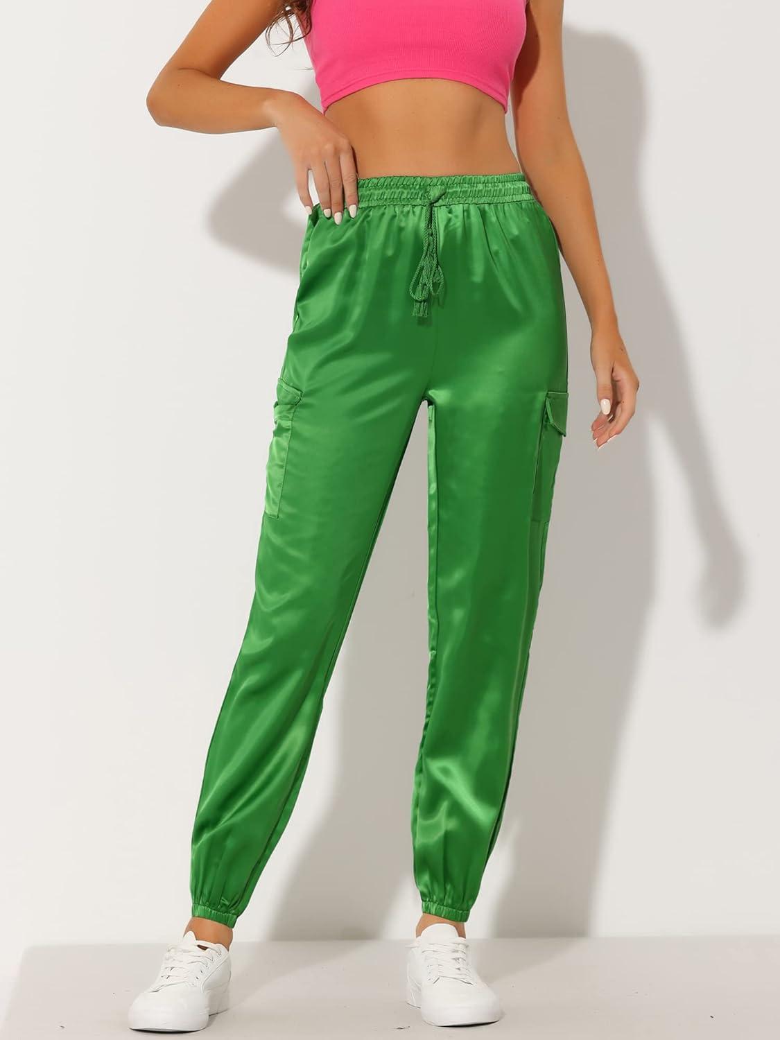 imageAllegra K Womens Satin Pants Tie Elastic High Waist Shiny Silky Dressy Satin Cargo JoggersLight Green
