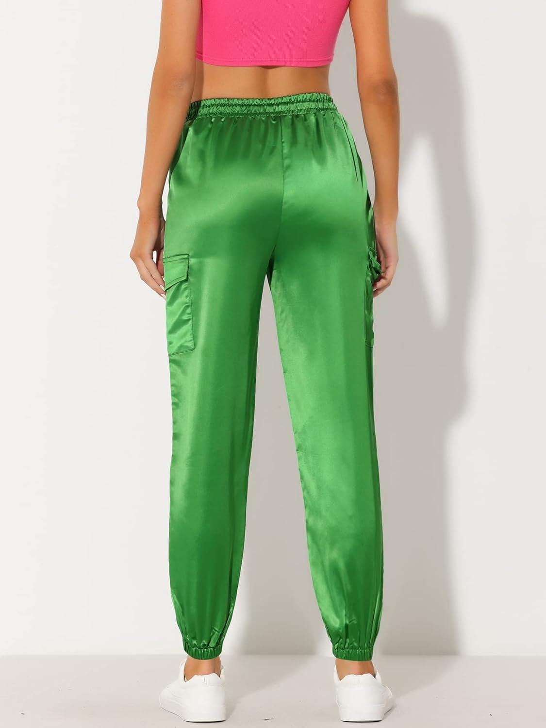 imageAllegra K Womens Satin Pants Tie Elastic High Waist Shiny Silky Dressy Satin Cargo JoggersLight Green