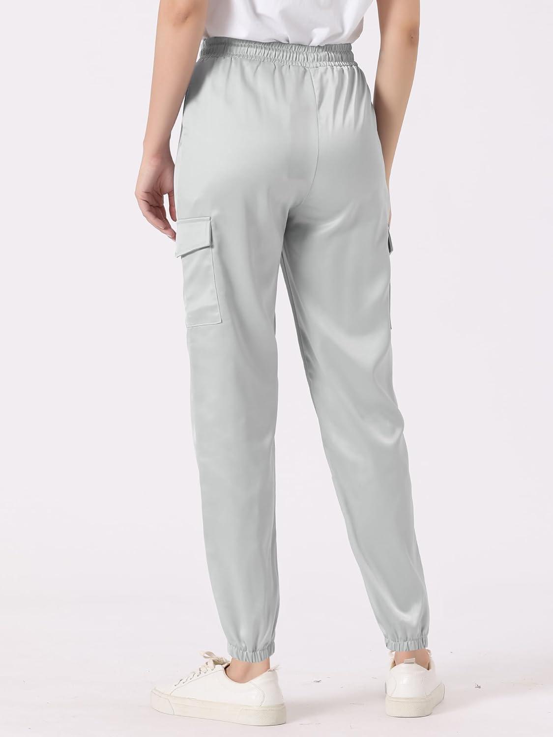 imageAllegra K Womens Satin Pants Tie Elastic High Waist Shiny Silky Dressy Satin Cargo JoggersLight Grey