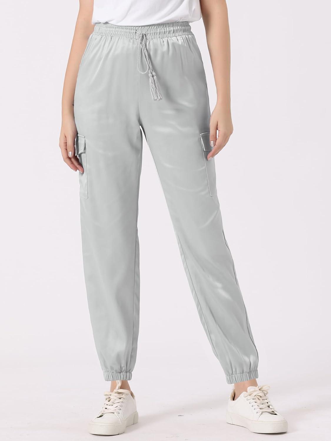 imageAllegra K Womens Satin Pants Tie Elastic High Waist Shiny Silky Dressy Satin Cargo JoggersLight Grey