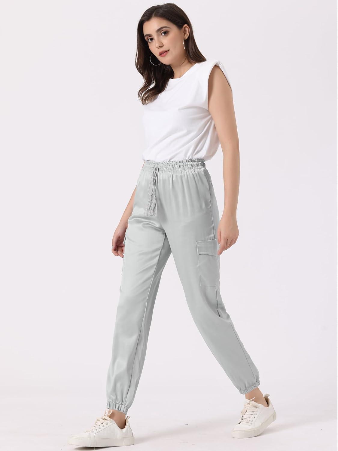 imageAllegra K Womens Satin Pants Tie Elastic High Waist Shiny Silky Dressy Satin Cargo JoggersLight Grey