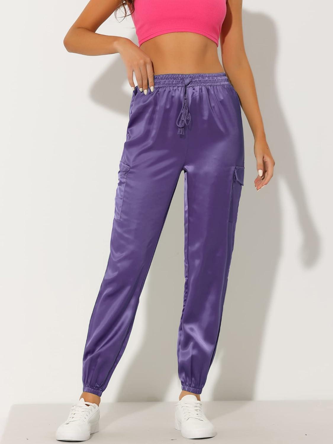imageAllegra K Womens Satin Pants Tie Elastic High Waist Shiny Silky Dressy Satin Cargo JoggersPurple