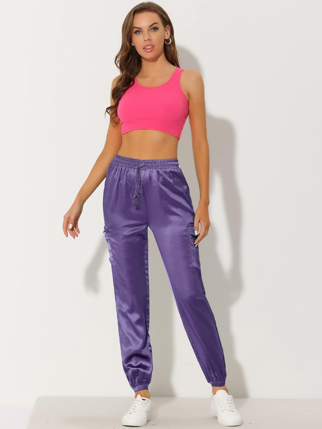 imageAllegra K Womens Satin Pants Tie Elastic High Waist Shiny Silky Dressy Satin Cargo JoggersPurple