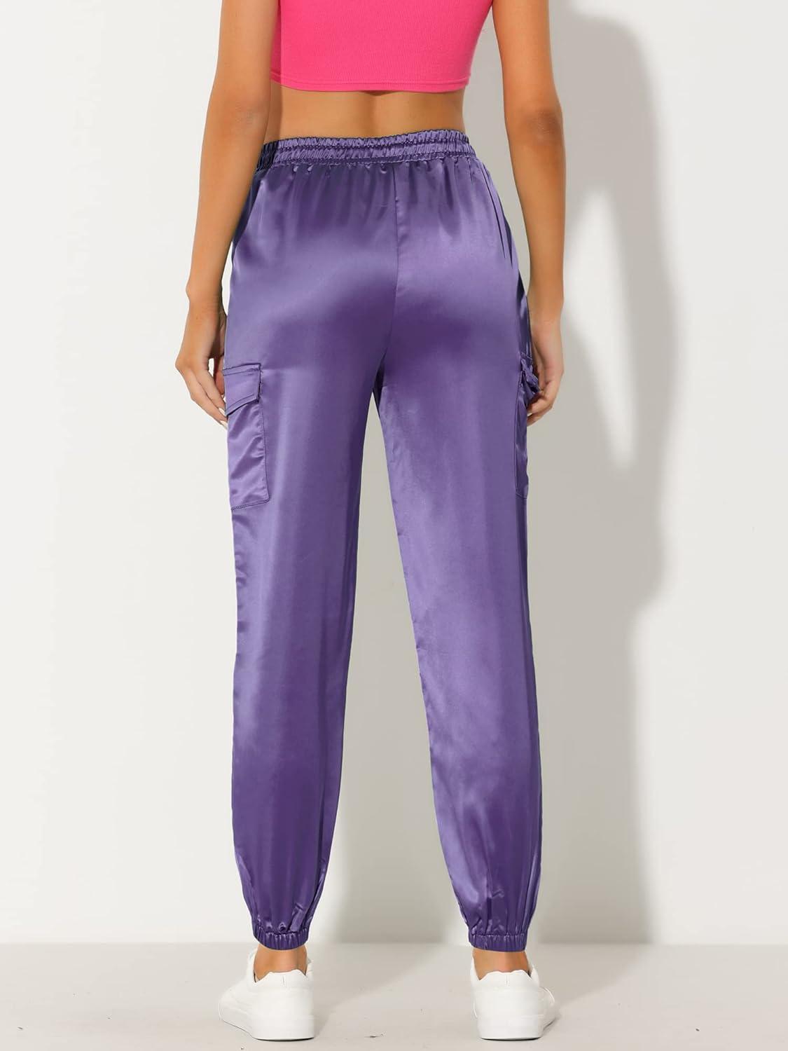 imageAllegra K Womens Satin Pants Tie Elastic High Waist Shiny Silky Dressy Satin Cargo JoggersPurple