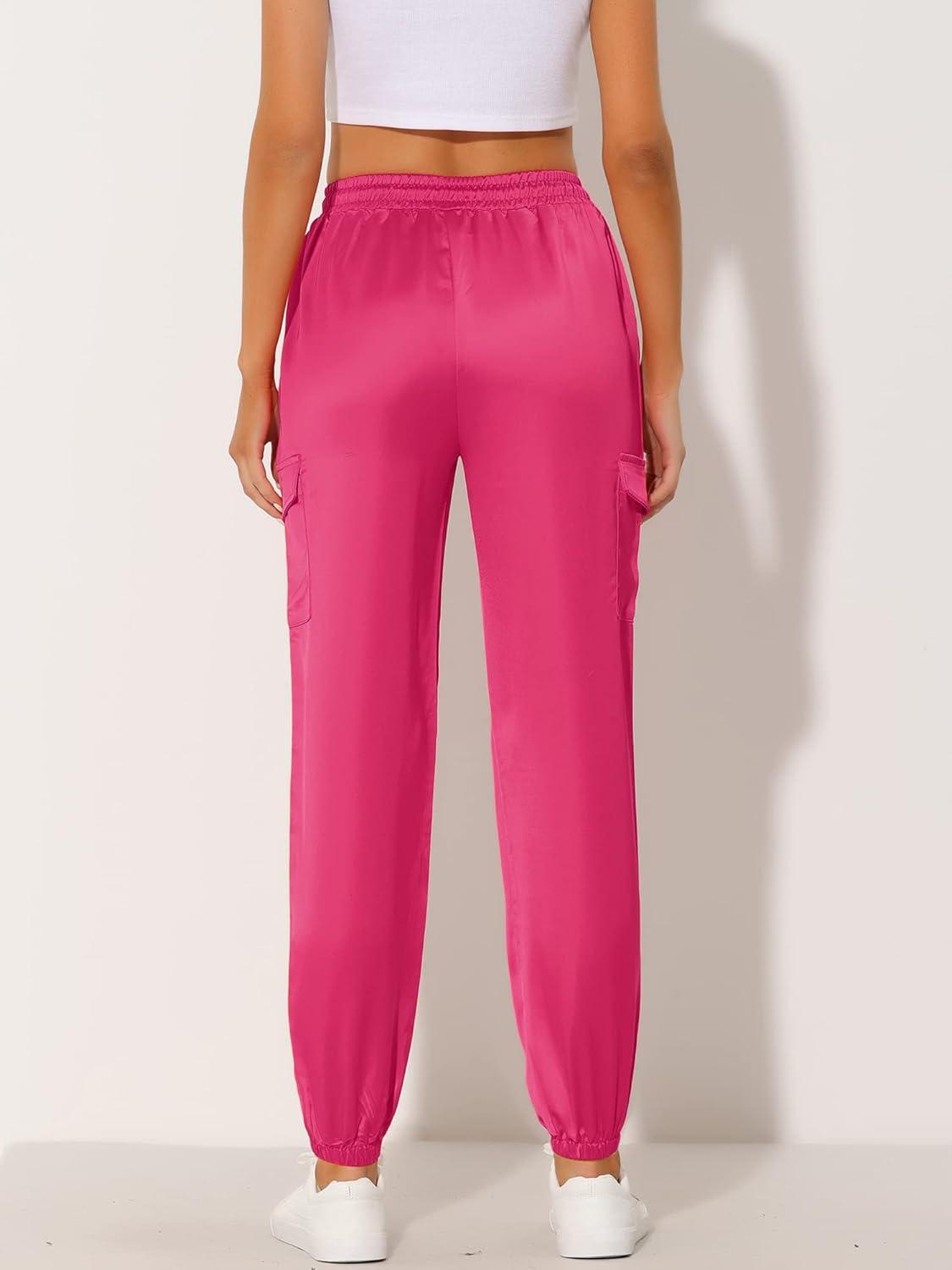 imageAllegra K Womens Satin Pants Tie Elastic High Waist Shiny Silky Dressy Satin Cargo JoggersRose Red