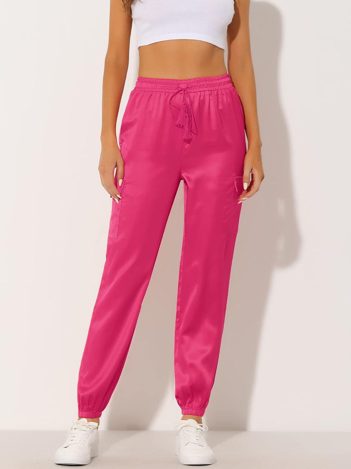 imageAllegra K Womens Satin Pants Tie Elastic High Waist Shiny Silky Dressy Satin Cargo JoggersRose Red