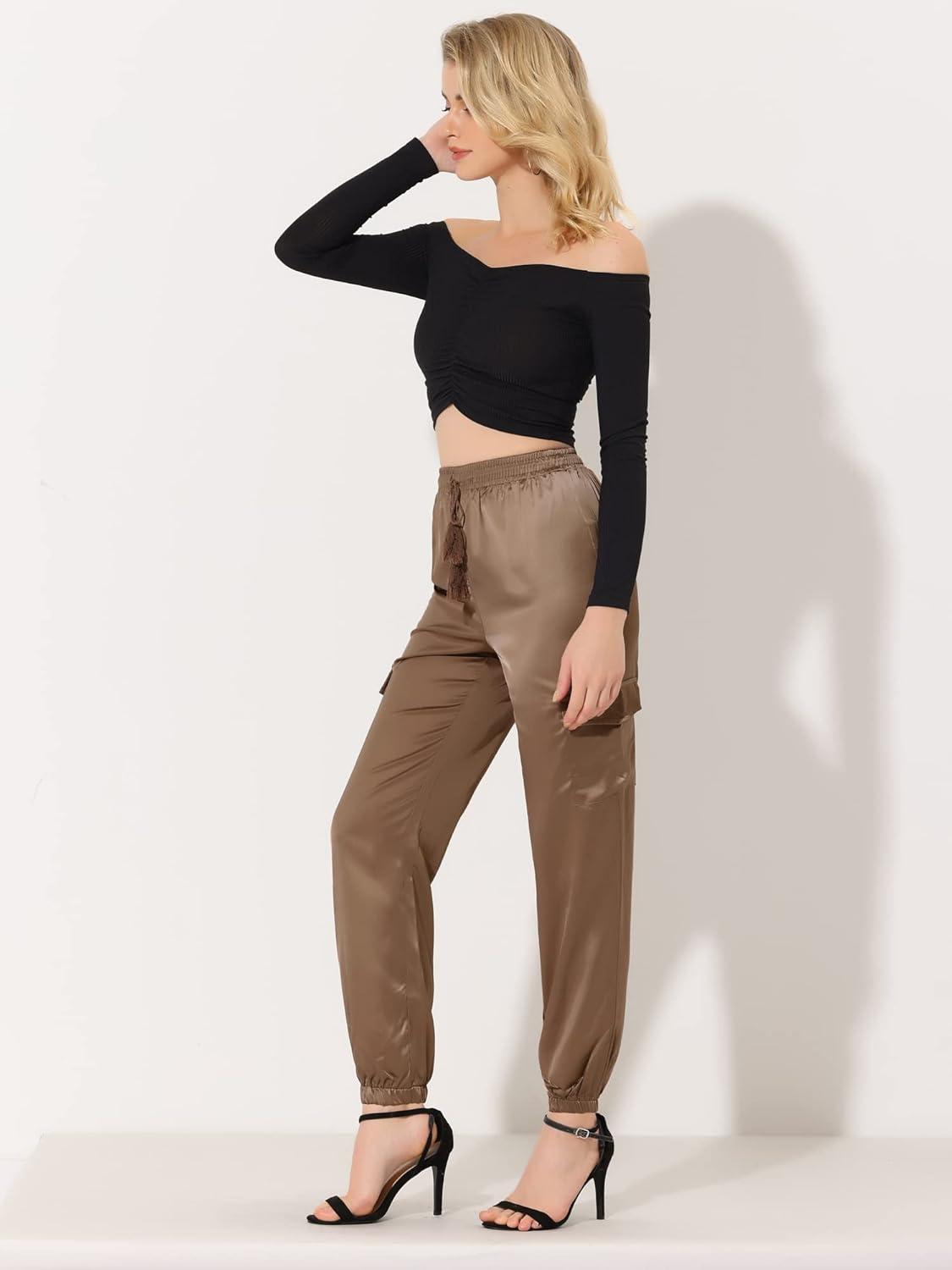 imageAllegra K Womens Satin Pants Tie Elastic High Waist Shiny Silky Dressy Satin Cargo JoggersTan