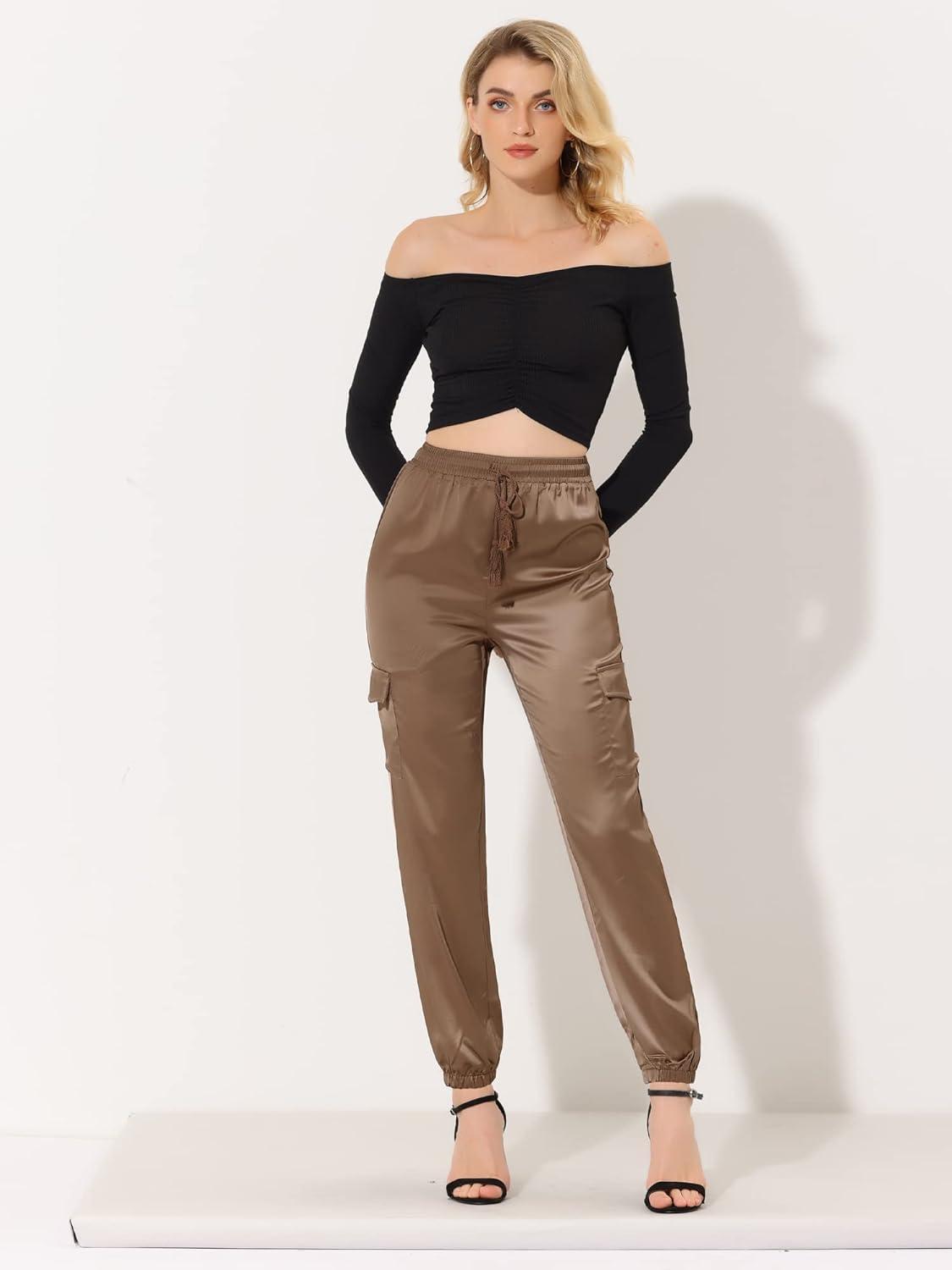imageAllegra K Womens Satin Pants Tie Elastic High Waist Shiny Silky Dressy Satin Cargo JoggersTan