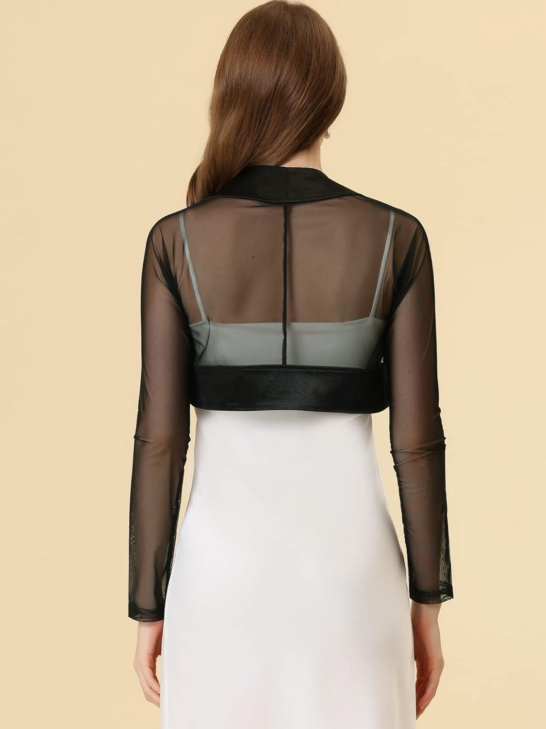 imageAllegra K Womens Satin Shrugs for Evening Dress Open Front Mesh Cardigan Elegant Wedding BoleroBlack