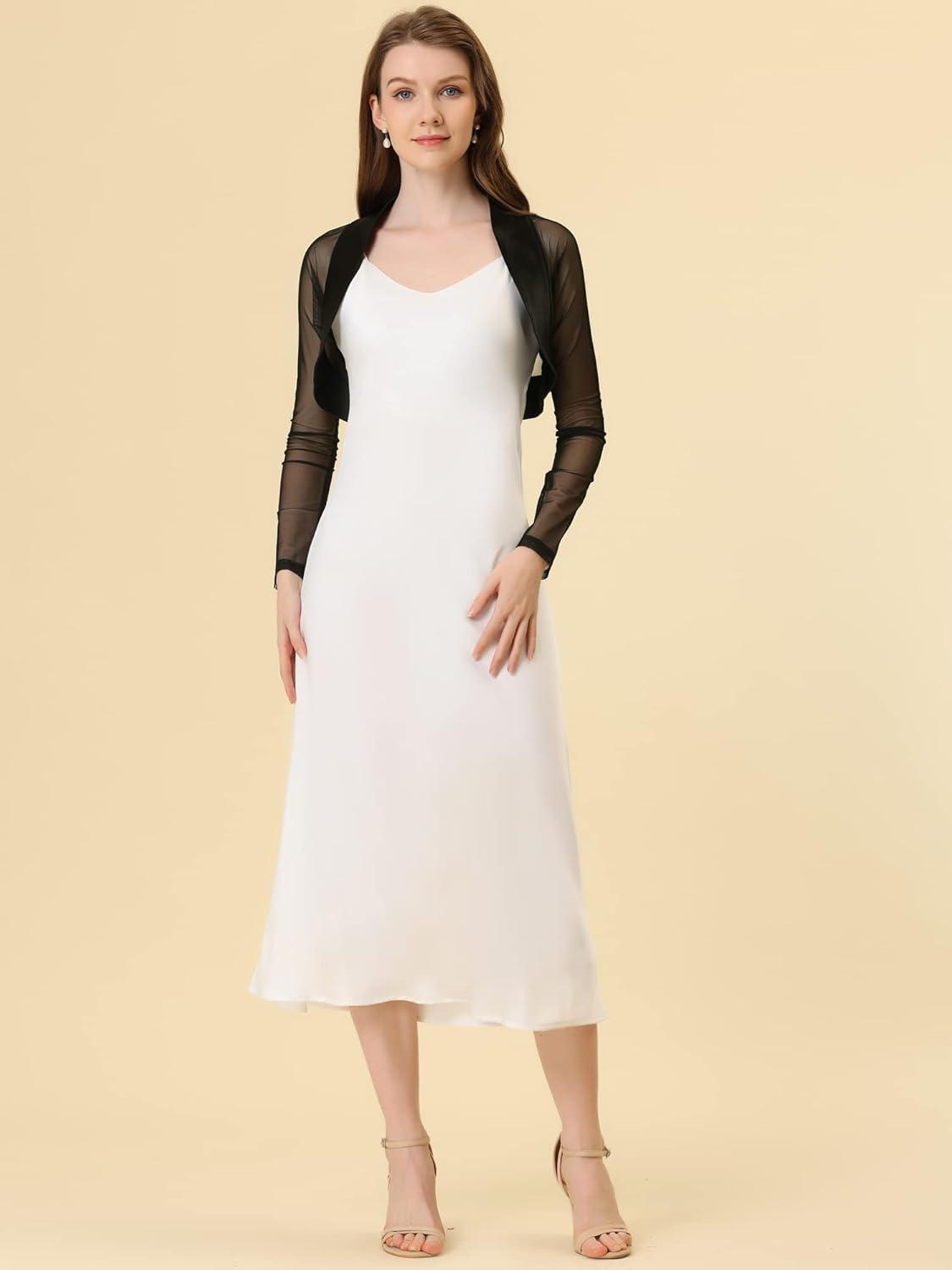 imageAllegra K Womens Satin Shrugs for Evening Dress Open Front Mesh Cardigan Elegant Wedding BoleroBlack