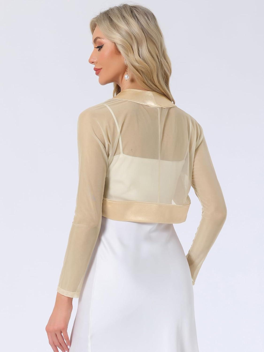 imageAllegra K Womens Satin Shrugs for Evening Dress Open Front Mesh Cardigan Elegant Wedding BoleroChampagne