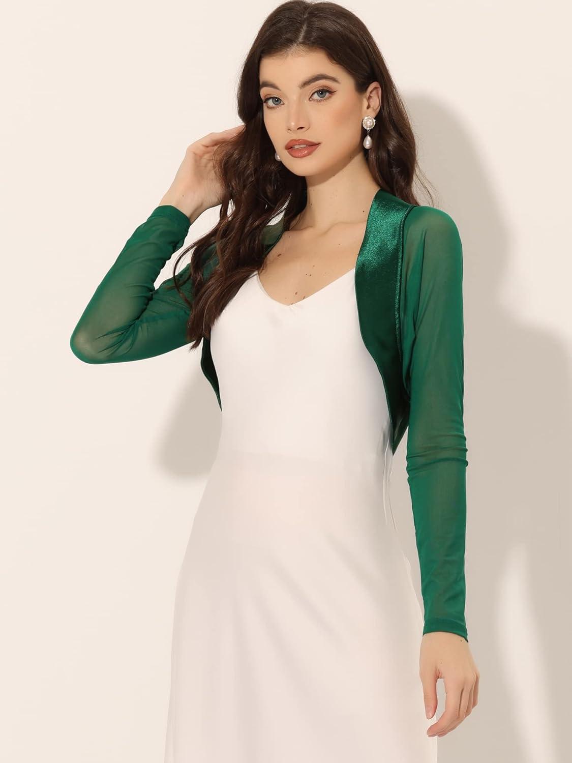 imageAllegra K Womens Satin Shrugs for Evening Dress Open Front Mesh Cardigan Elegant Wedding BoleroDark Green