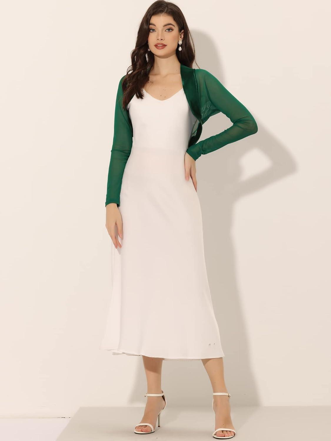 imageAllegra K Womens Satin Shrugs for Evening Dress Open Front Mesh Cardigan Elegant Wedding BoleroDark Green