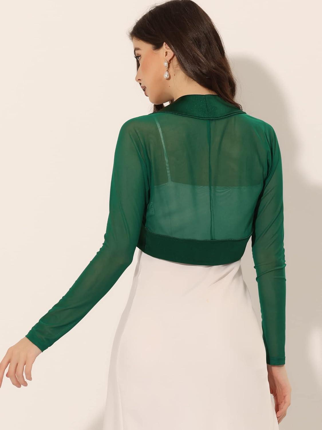 imageAllegra K Womens Satin Shrugs for Evening Dress Open Front Mesh Cardigan Elegant Wedding BoleroDark Green