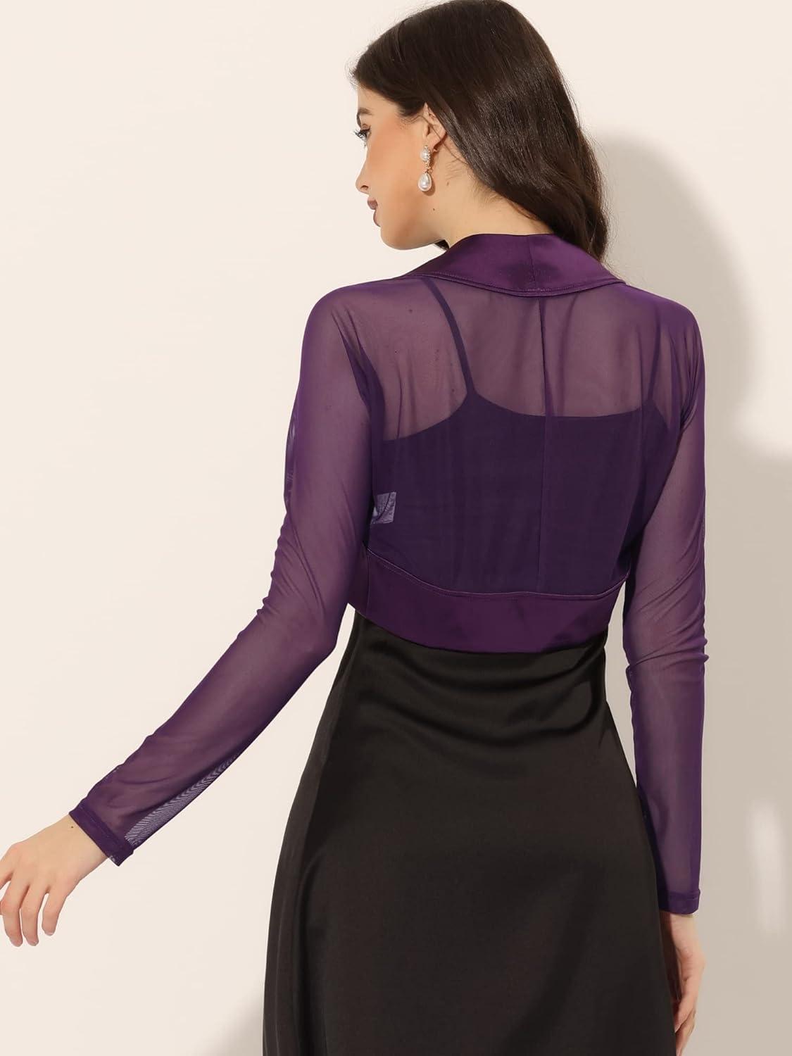 imageAllegra K Womens Satin Shrugs for Evening Dress Open Front Mesh Cardigan Elegant Wedding BoleroDark Purple
