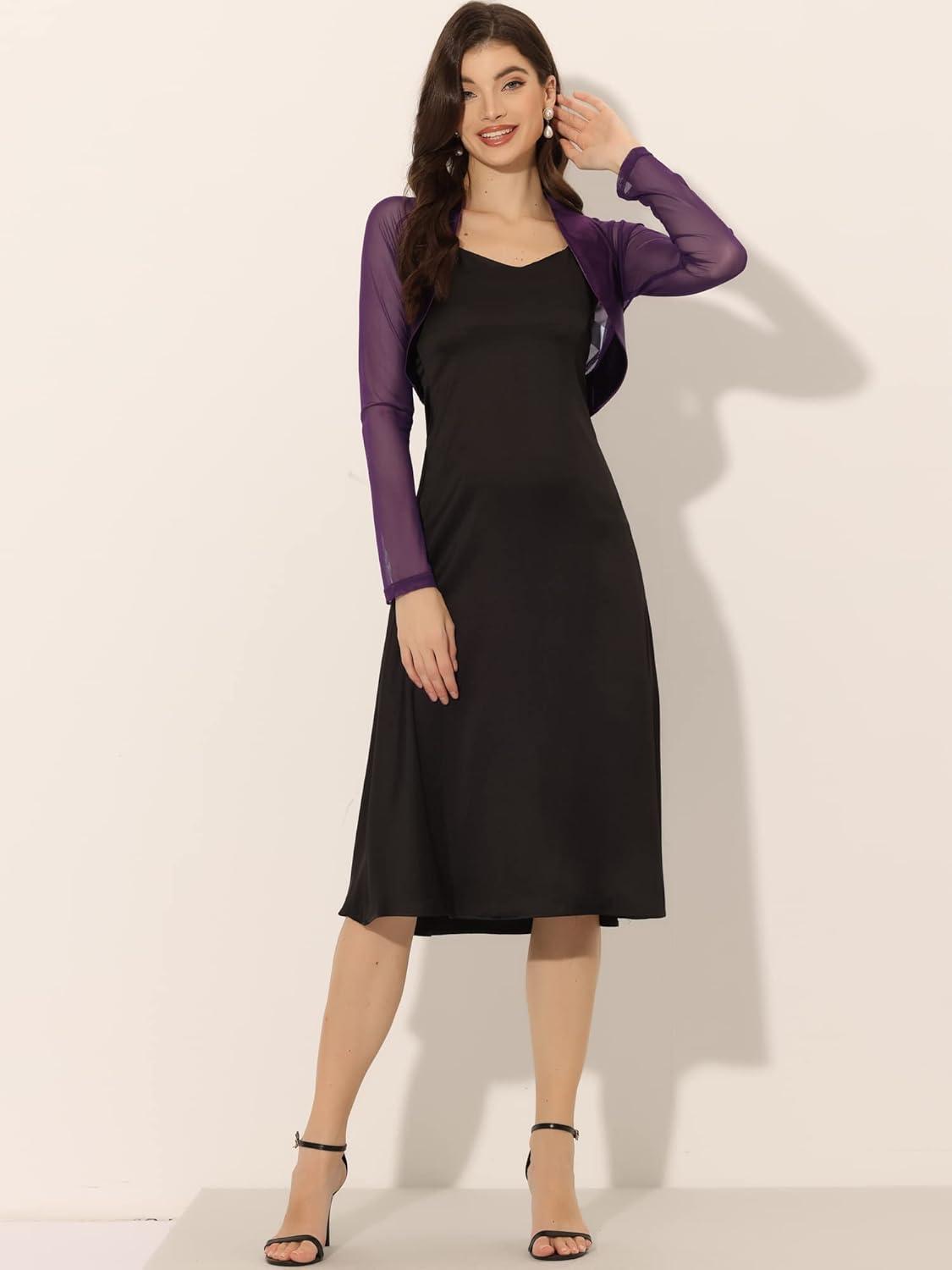 imageAllegra K Womens Satin Shrugs for Evening Dress Open Front Mesh Cardigan Elegant Wedding BoleroDark Purple