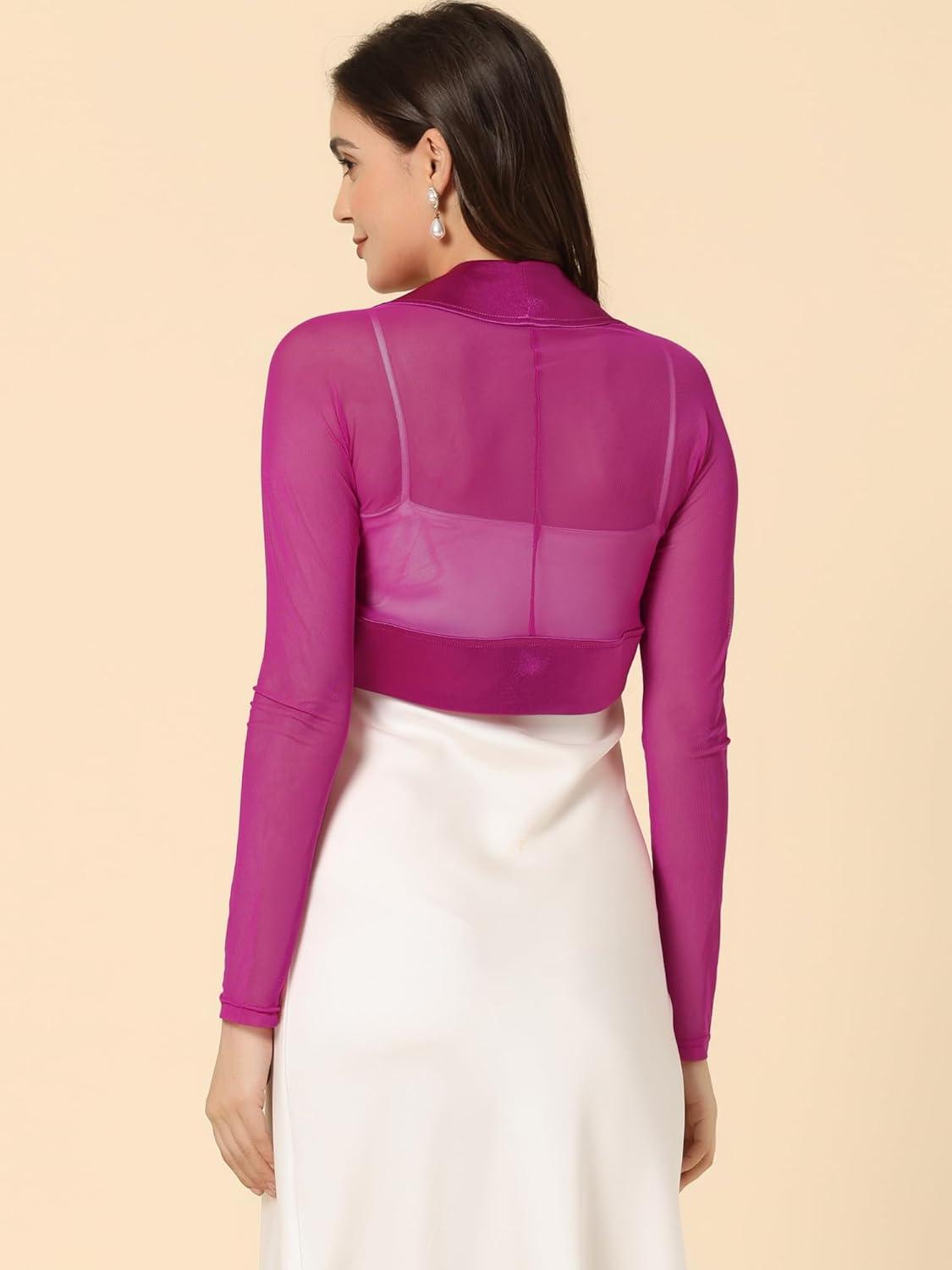 imageAllegra K Womens Satin Shrugs for Evening Dress Open Front Mesh Cardigan Elegant Wedding BoleroFushcia