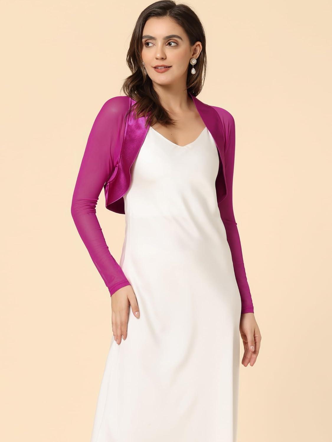 imageAllegra K Womens Satin Shrugs for Evening Dress Open Front Mesh Cardigan Elegant Wedding BoleroFushcia