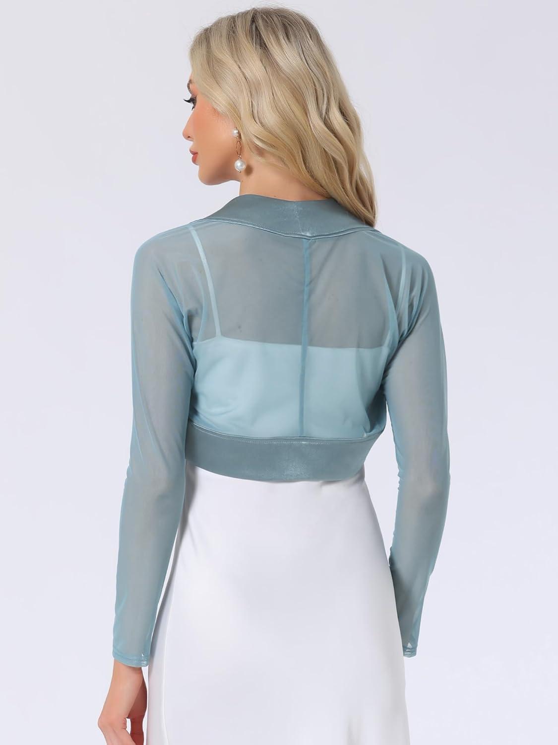 imageAllegra K Womens Satin Shrugs for Evening Dress Open Front Mesh Cardigan Elegant Wedding BoleroLake Blue