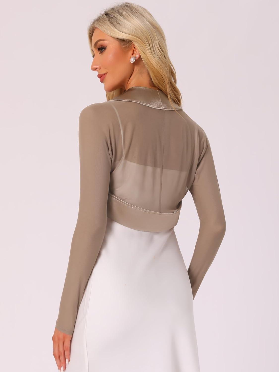 imageAllegra K Womens Satin Shrugs for Evening Dress Open Front Mesh Cardigan Elegant Wedding BoleroLight Brown