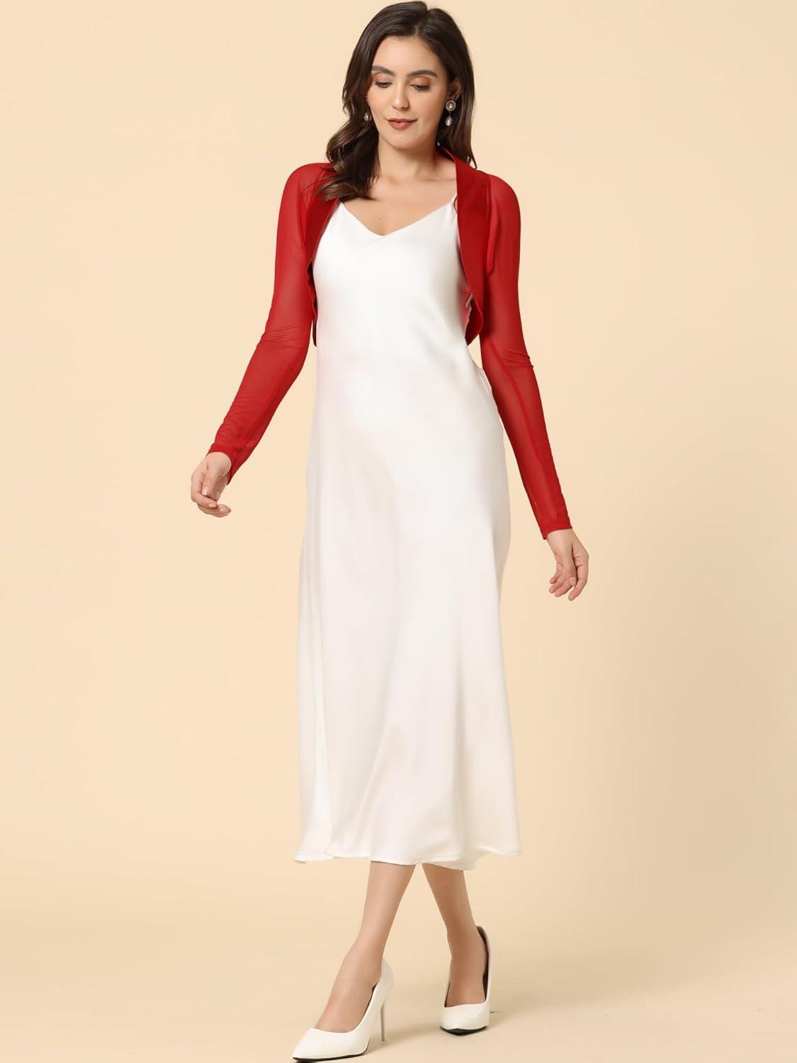 imageAllegra K Womens Satin Shrugs for Evening Dress Open Front Mesh Cardigan Elegant Wedding BoleroRed