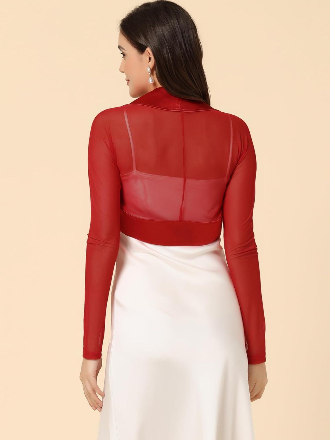 imageAllegra K Womens Satin Shrugs for Evening Dress Open Front Mesh Cardigan Elegant Wedding BoleroRed