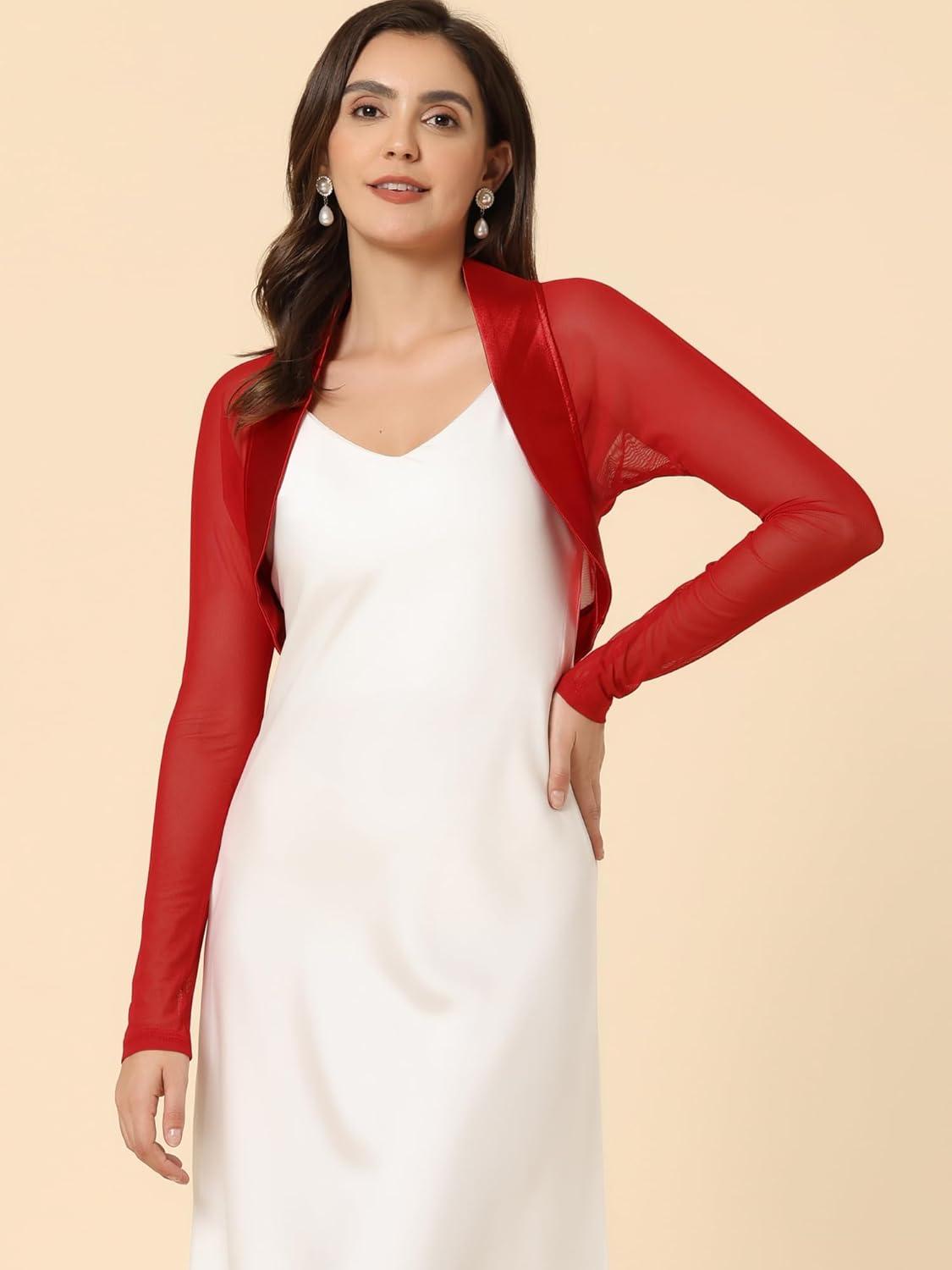 imageAllegra K Womens Satin Shrugs for Evening Dress Open Front Mesh Cardigan Elegant Wedding BoleroRed