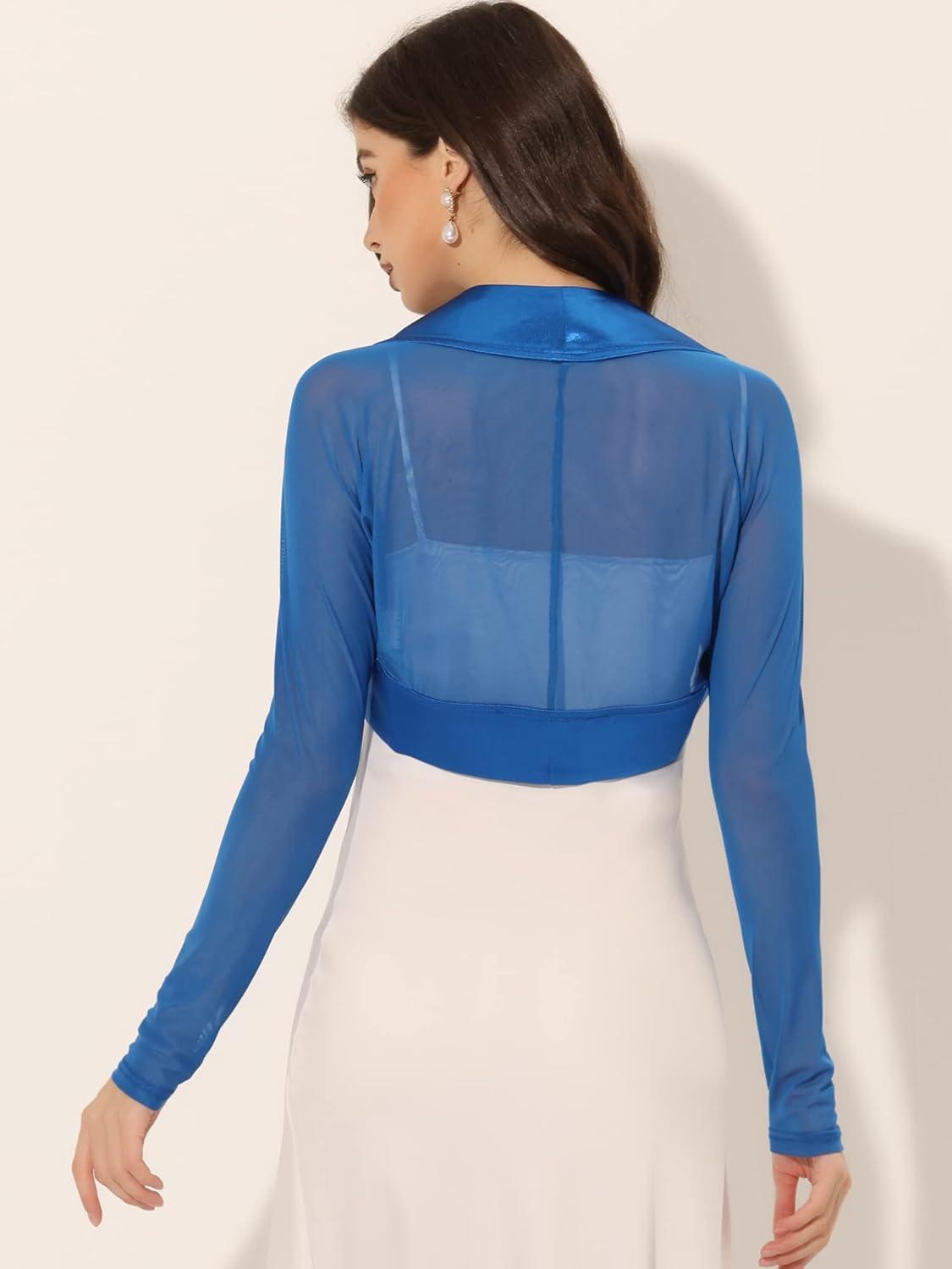 imageAllegra K Womens Satin Shrugs for Evening Dress Open Front Mesh Cardigan Elegant Wedding BoleroRoyal Blue