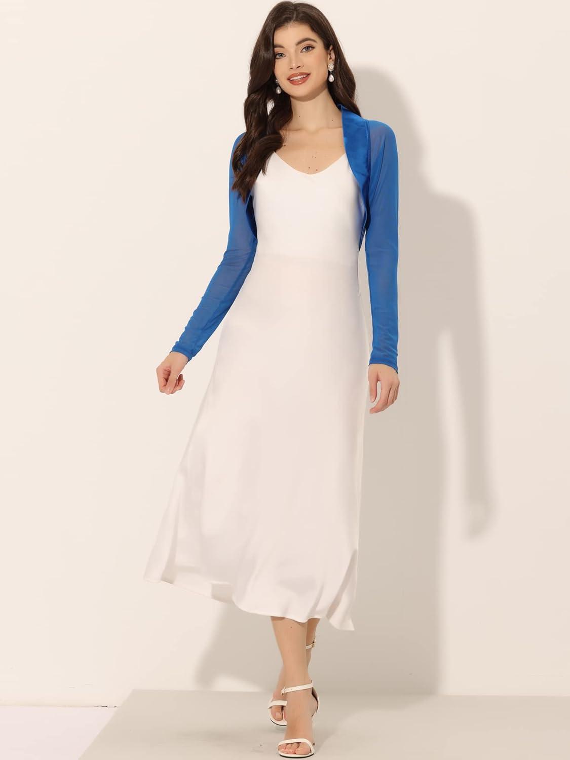 imageAllegra K Womens Satin Shrugs for Evening Dress Open Front Mesh Cardigan Elegant Wedding BoleroRoyal Blue