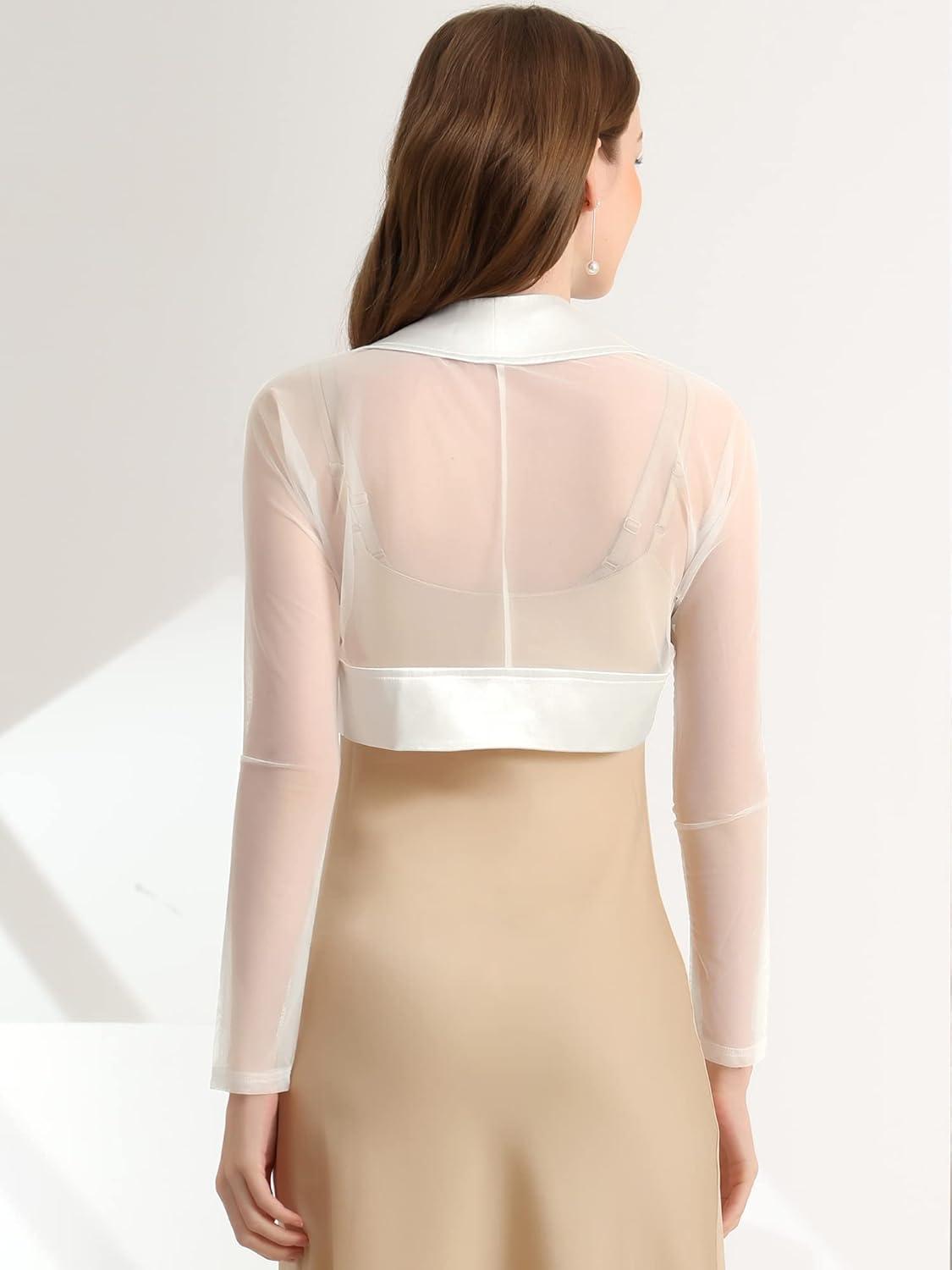 imageAllegra K Womens Satin Shrugs for Evening Dress Open Front Mesh Cardigan Elegant Wedding BoleroWhite