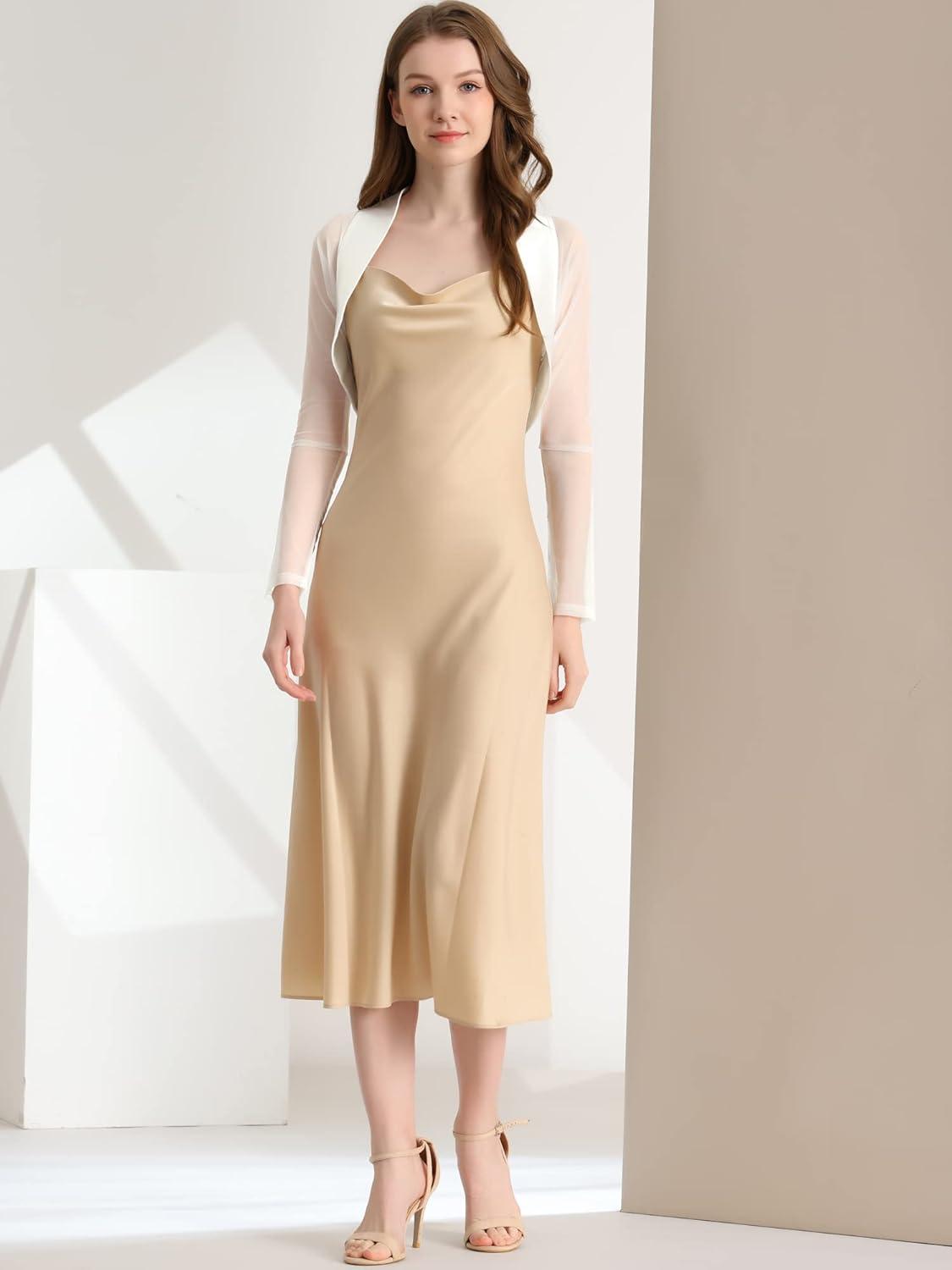 imageAllegra K Womens Satin Shrugs for Evening Dress Open Front Mesh Cardigan Elegant Wedding BoleroWhite