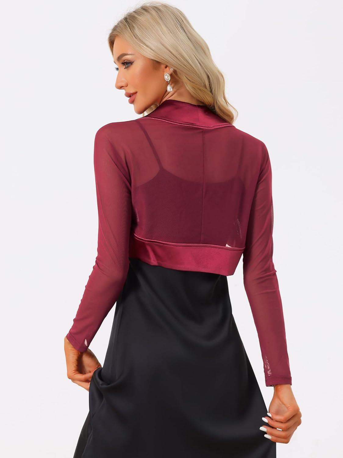 imageAllegra K Womens Satin Shrugs for Evening Dress Open Front Mesh Cardigan Elegant Wedding BoleroWine Red