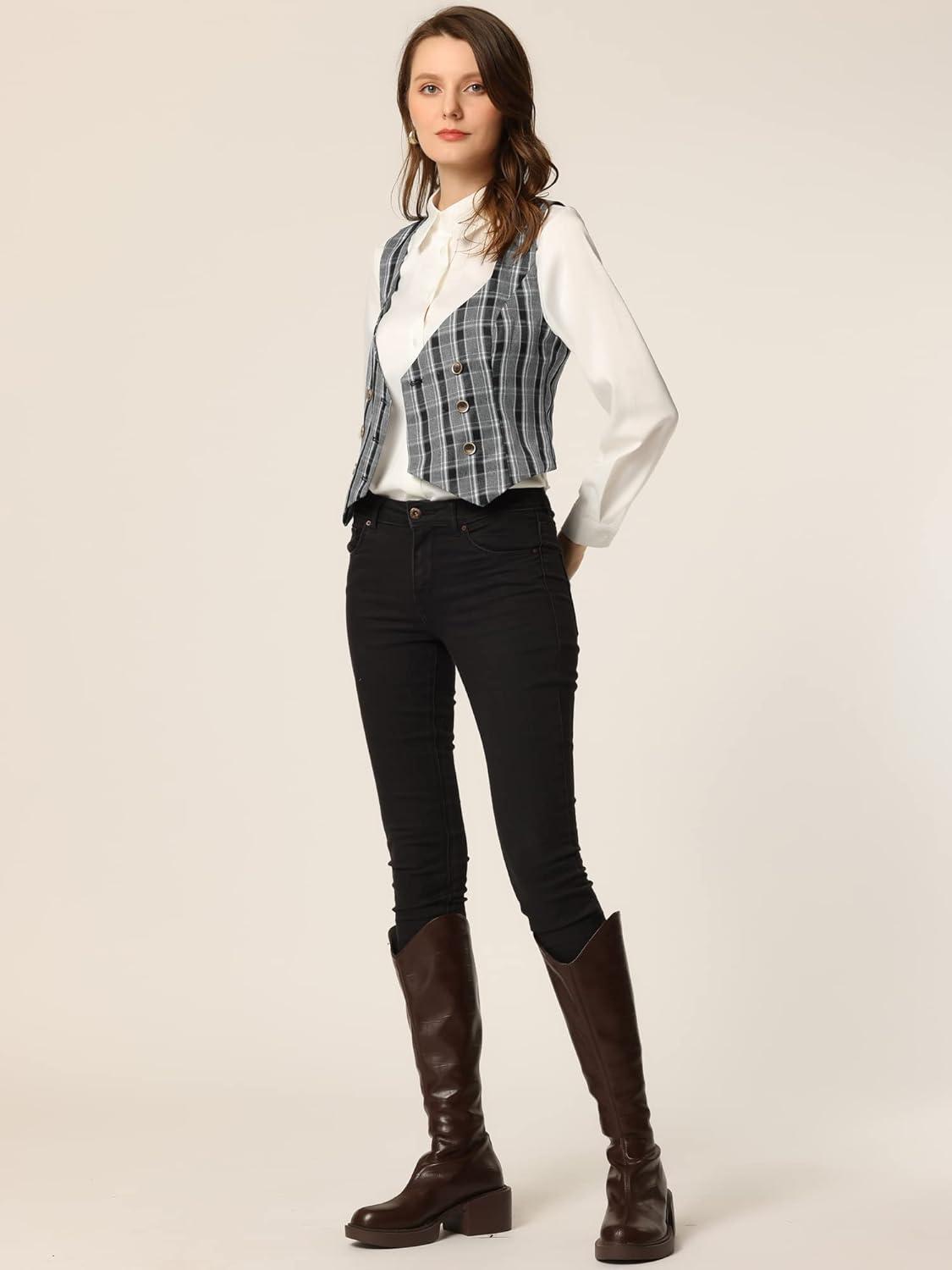 imageAllegra K Womens Suit Vest Plaid Steampunk Vintage 1950s Double Breasted WaistcoatBlack