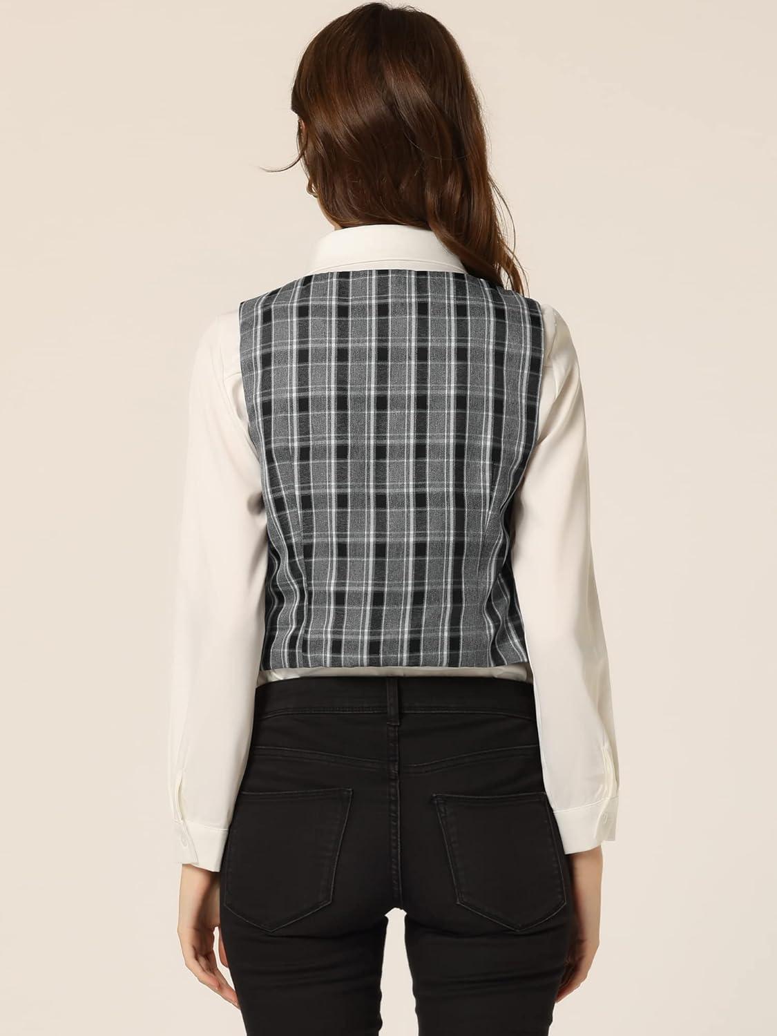 imageAllegra K Womens Suit Vest Plaid Steampunk Vintage 1950s Double Breasted WaistcoatBlack