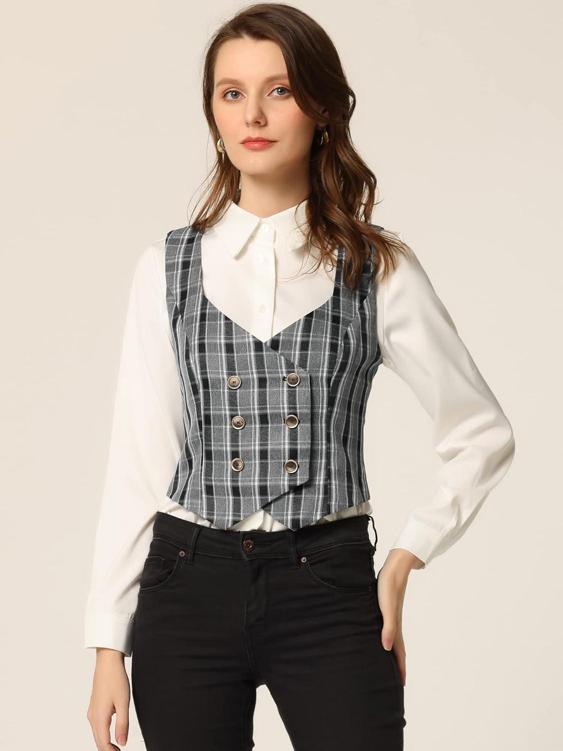 imageAllegra K Womens Suit Vest Plaid Steampunk Vintage 1950s Double Breasted WaistcoatBlack