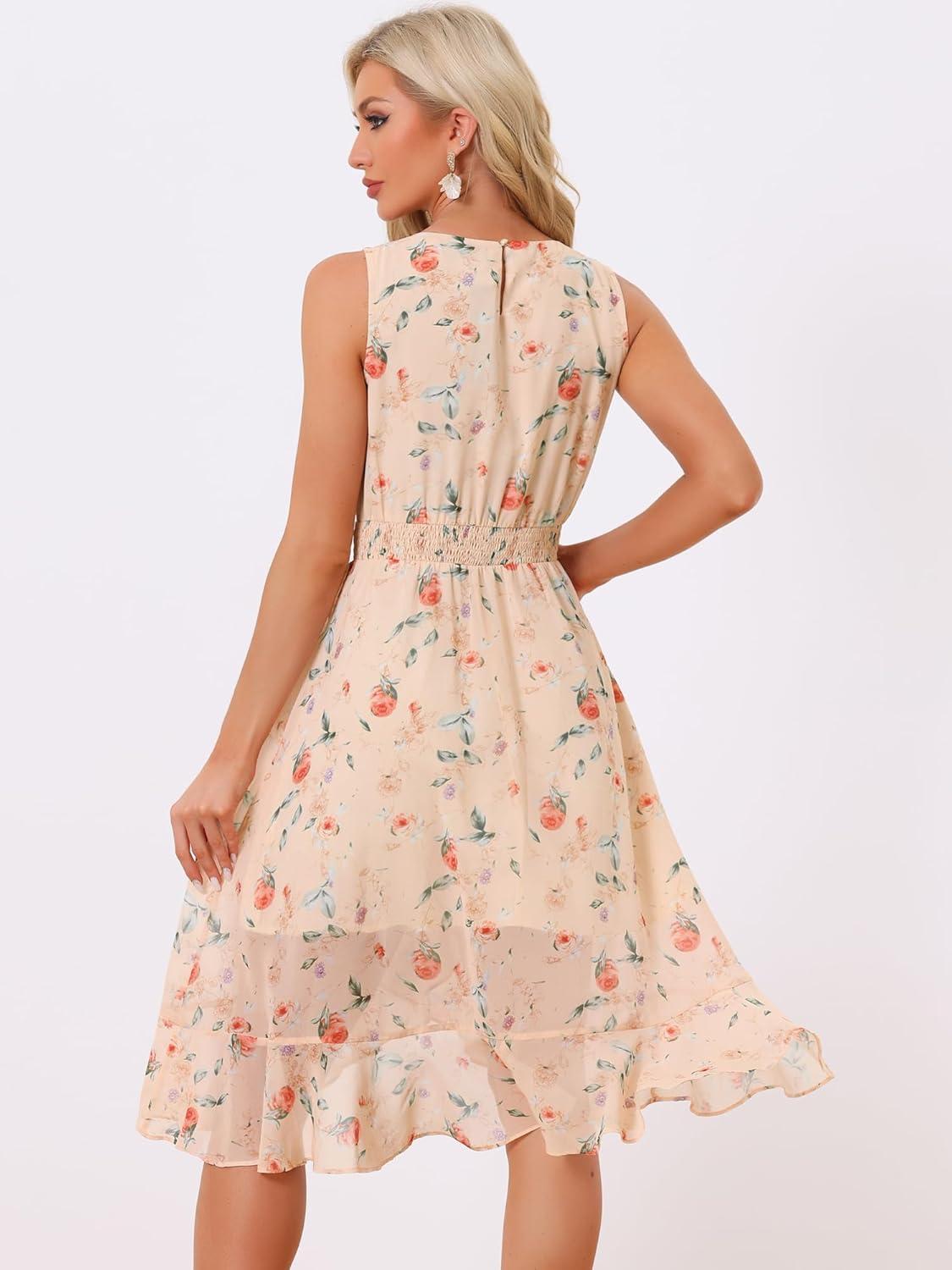 imageAllegra K Womens Summer Dresses 2025 Wrap Ruffle High Low Hem Round Neck Keyhole Back Sleeveless Floral DressApricot