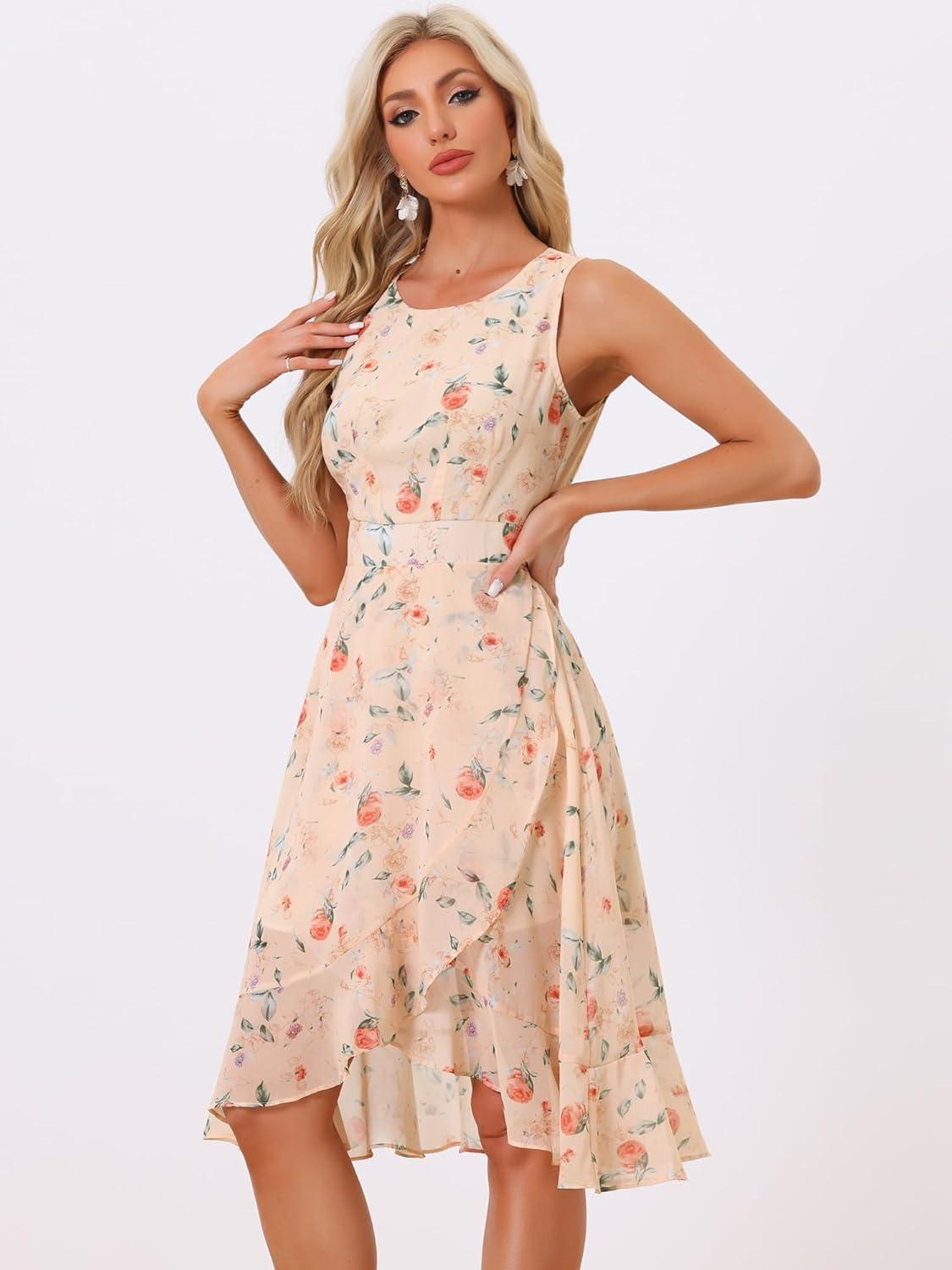 imageAllegra K Womens Summer Dresses 2025 Wrap Ruffle High Low Hem Round Neck Keyhole Back Sleeveless Floral DressApricot
