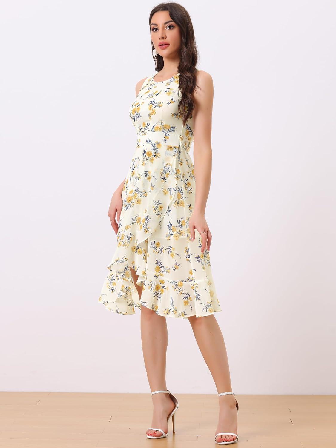 imageAllegra K Womens Summer Dresses 2025 Wrap Ruffle High Low Hem Round Neck Keyhole Back Sleeveless Floral DressBeige