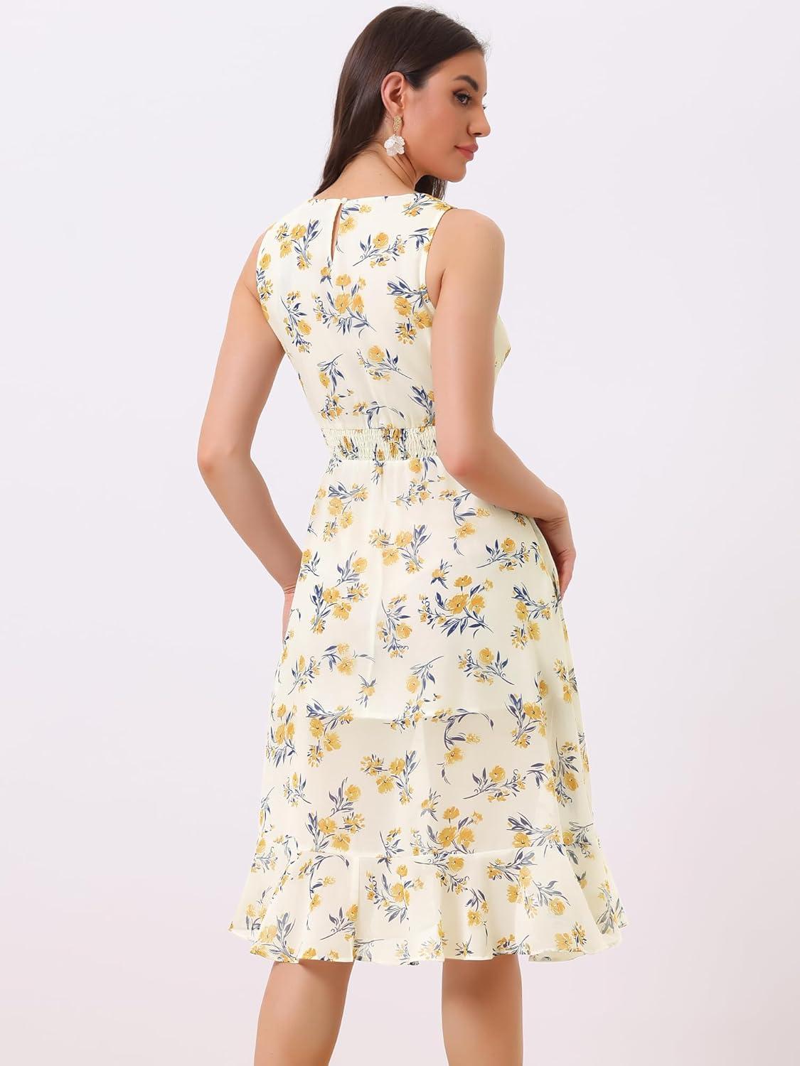 imageAllegra K Womens Summer Dresses 2025 Wrap Ruffle High Low Hem Round Neck Keyhole Back Sleeveless Floral DressBeige