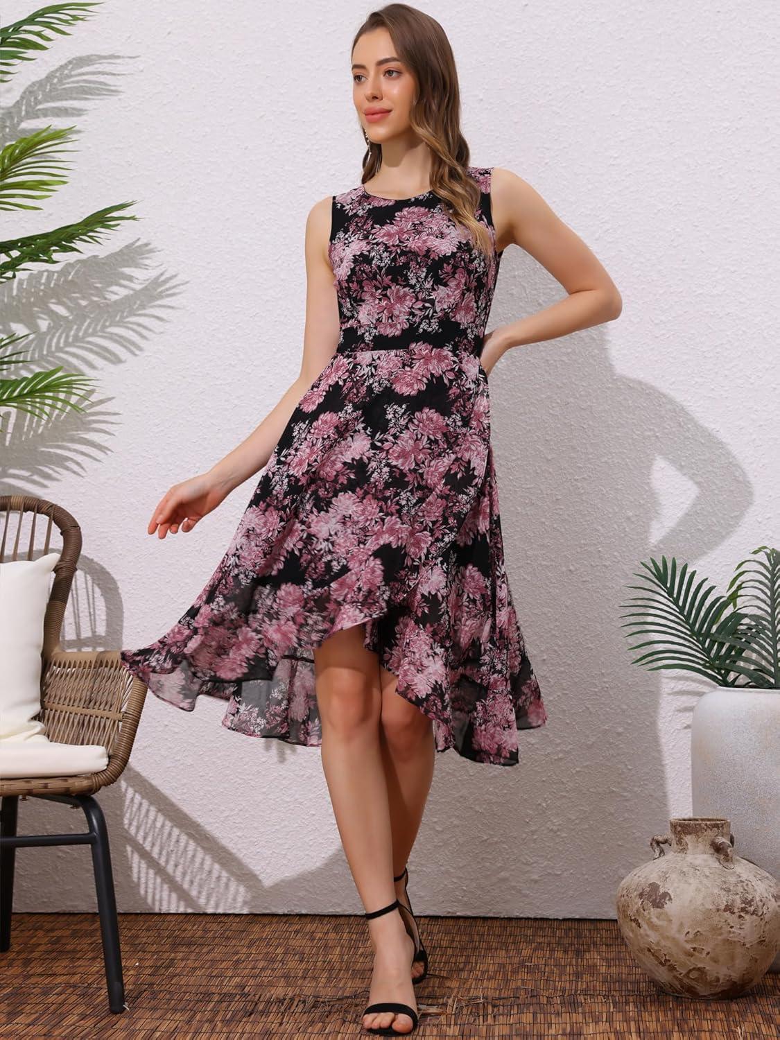imageAllegra K Womens Summer Dresses 2025 Wrap Ruffle High Low Hem Round Neck Keyhole Back Sleeveless Floral DressBlack