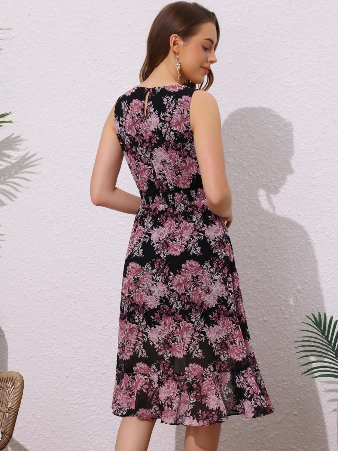 imageAllegra K Womens Summer Dresses 2025 Wrap Ruffle High Low Hem Round Neck Keyhole Back Sleeveless Floral DressBlack