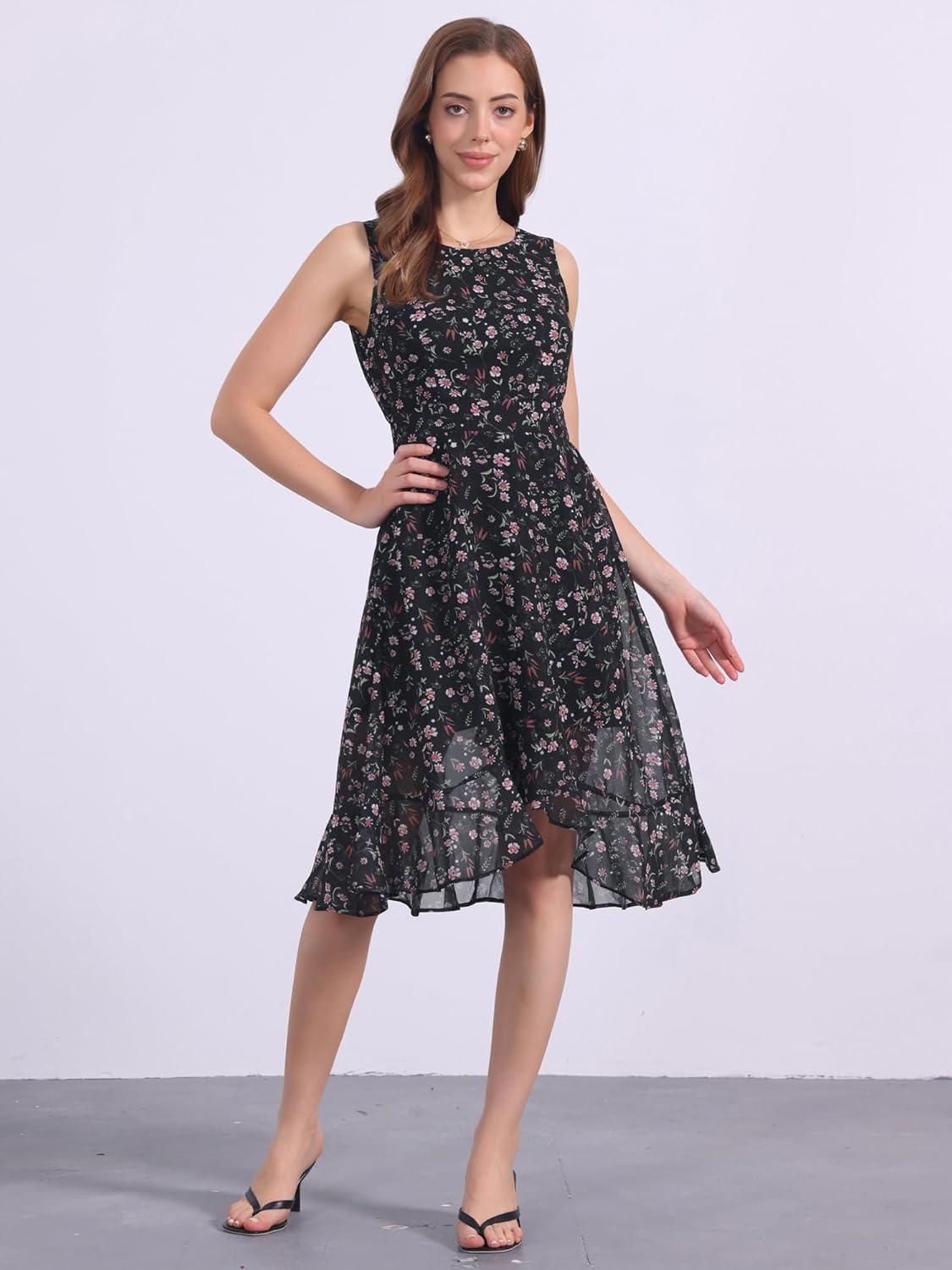 imageAllegra K Womens Summer Dresses 2025 Wrap Ruffle High Low Hem Round Neck Keyhole Back Sleeveless Floral DressBlack Red Floral