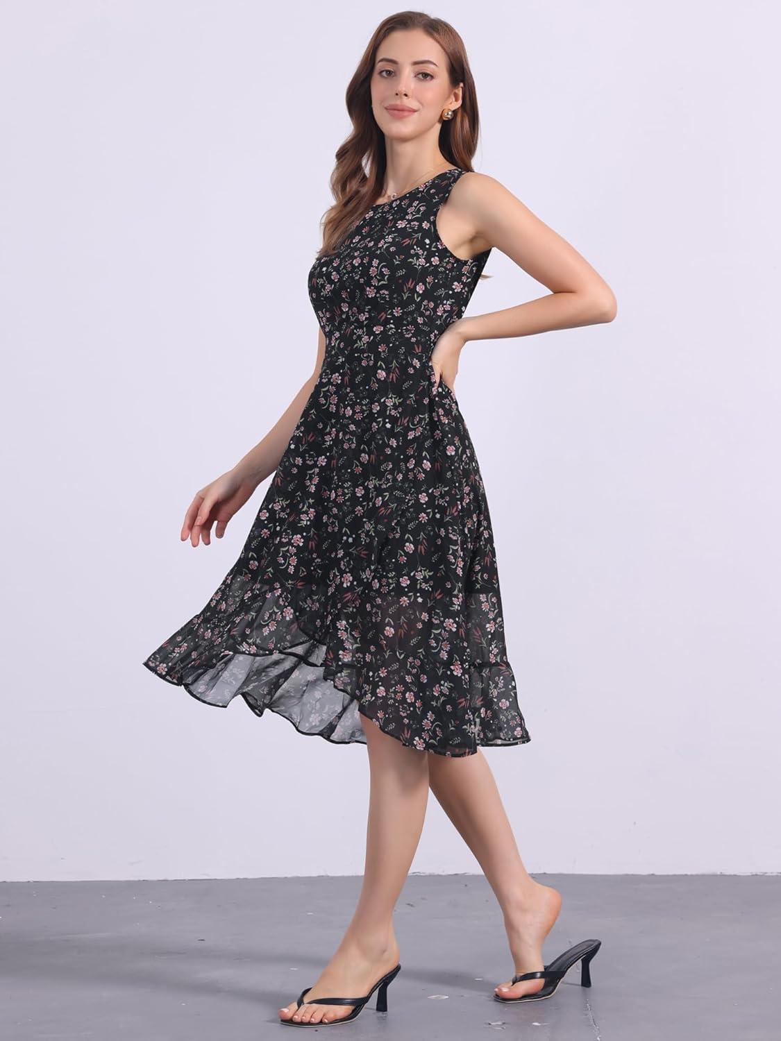 imageAllegra K Womens Summer Dresses 2025 Wrap Ruffle High Low Hem Round Neck Keyhole Back Sleeveless Floral DressBlack Red Floral