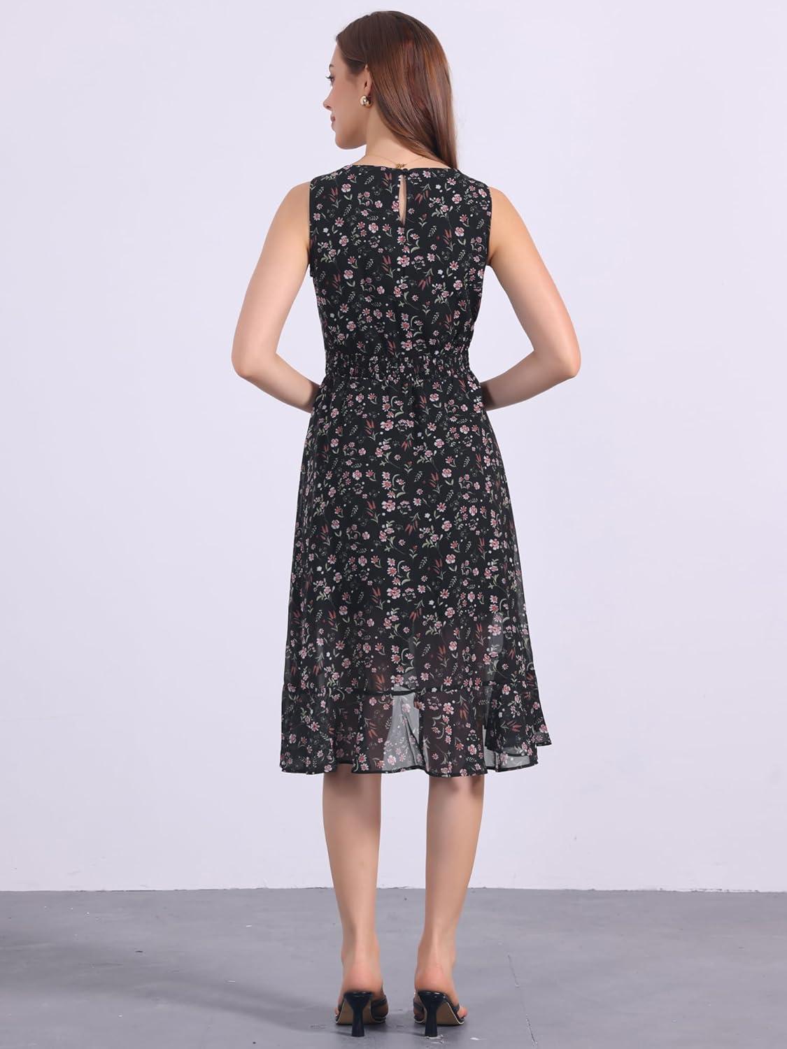 imageAllegra K Womens Summer Dresses 2025 Wrap Ruffle High Low Hem Round Neck Keyhole Back Sleeveless Floral DressBlack Red Floral