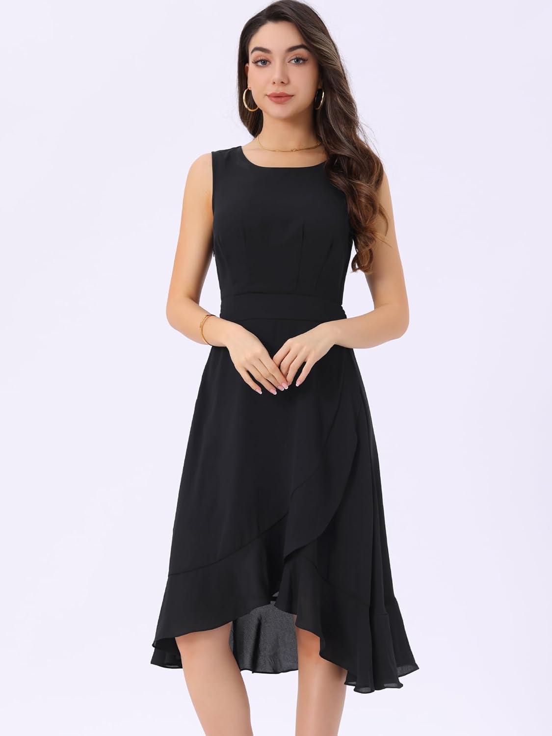 imageAllegra K Womens Summer Dresses 2025 Wrap Ruffle High Low Hem Round Neck Keyhole Back Sleeveless Floral DressBlack1